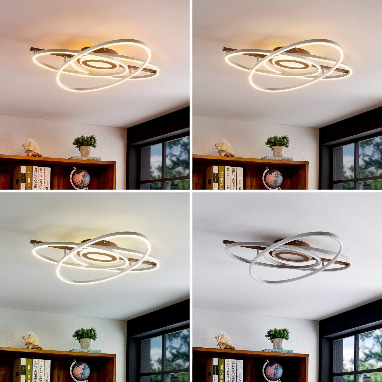 Moderne LED plafondlamp met overlappende ringen in warm wit licht, gemonteerd aan het plafond in een woonkamer; perspectief schuin van onderen.