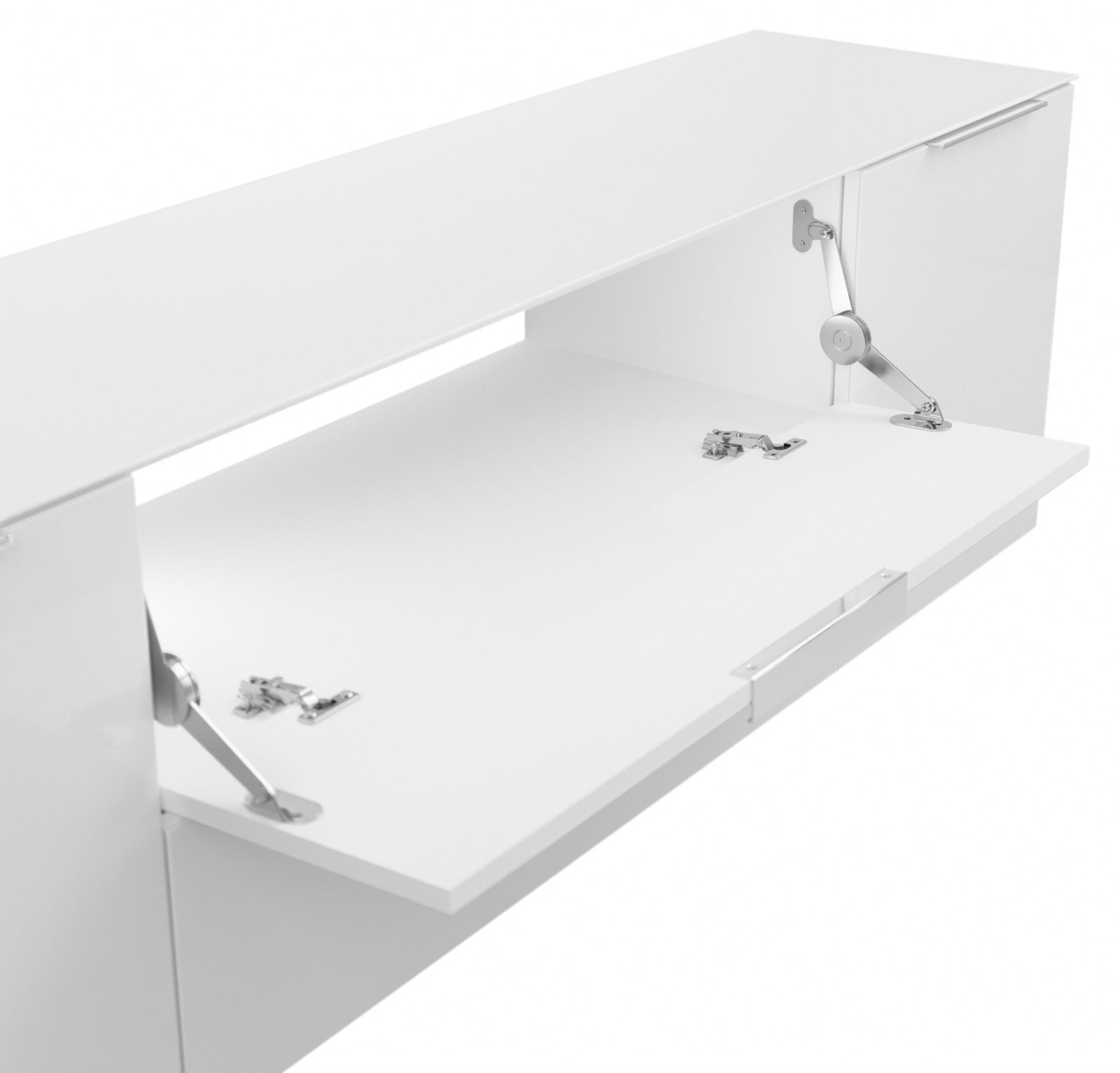 Weißes TV-Lowboard mit geöffneter Klappe, seitliche Perspektive