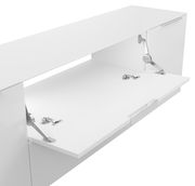 Weißes TV-Lowboard mit geöffneter Klappe, seitliche Perspektive