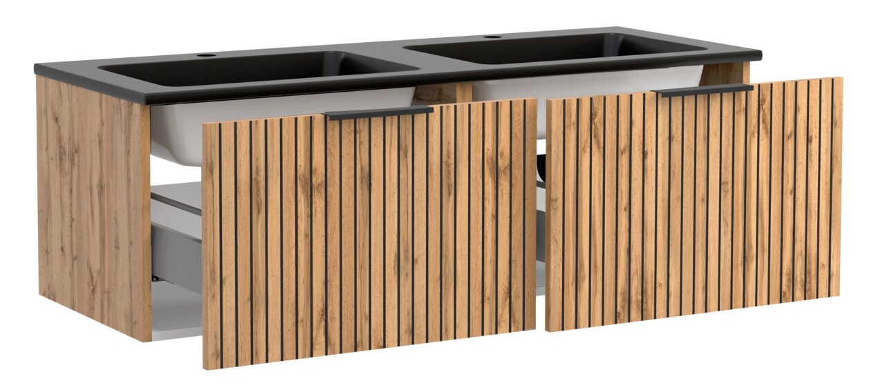 XORA Waschtisch-Set 120 cm LIVERPOOL Waschtisch-Set 120 cm mit zwei Waschbecken, Holzoptik und schwarzer Oberfläche, seitliche Perspektive