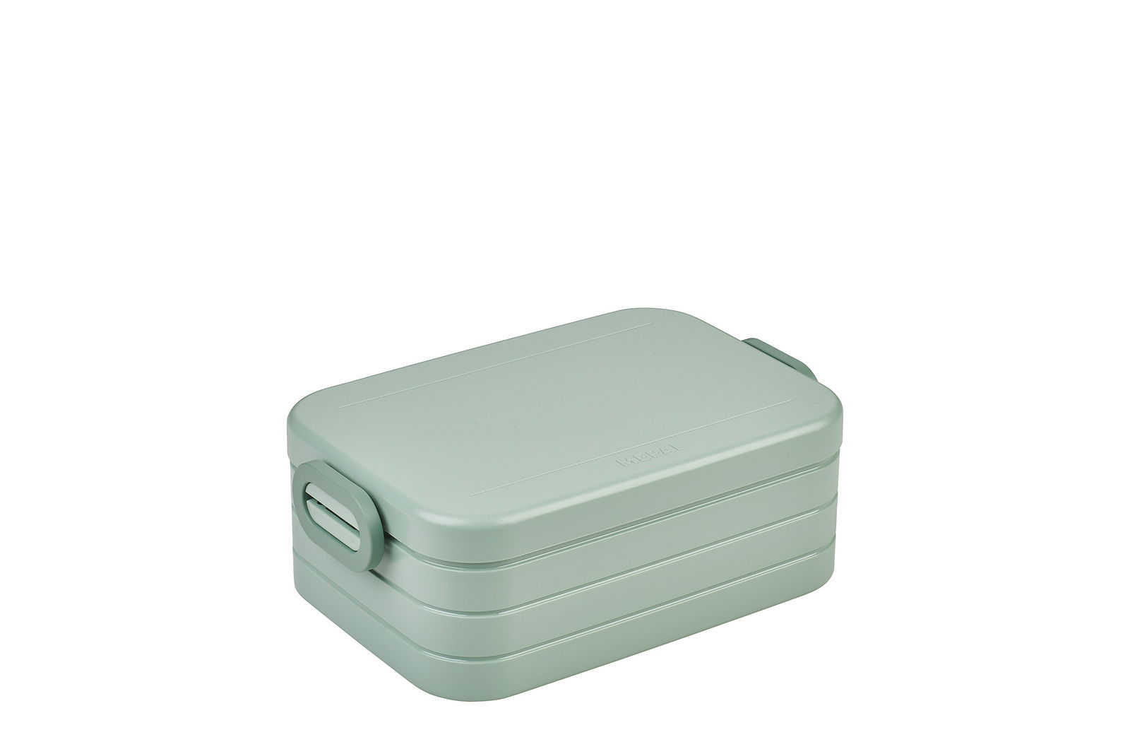 Lunchbox in Nordic Sage Farbe, rechteckig mit abgerundeten Ecken, seitliche Perspektive