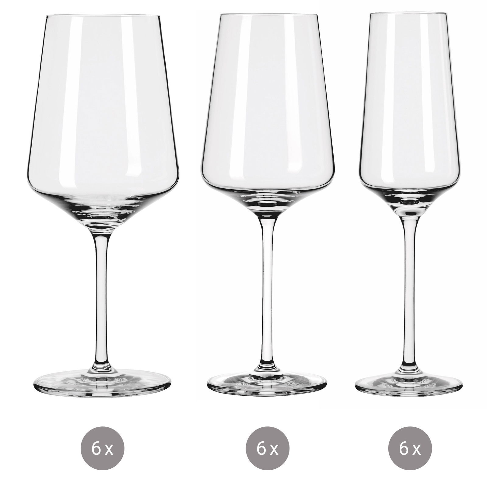 Ritzenhoff Kelchglasset 18-tlg. LICHTWEISS Drei verschiedene Kelchgläser in einer frontalen Ansicht, jeweils in einem Set von 6 Stück.