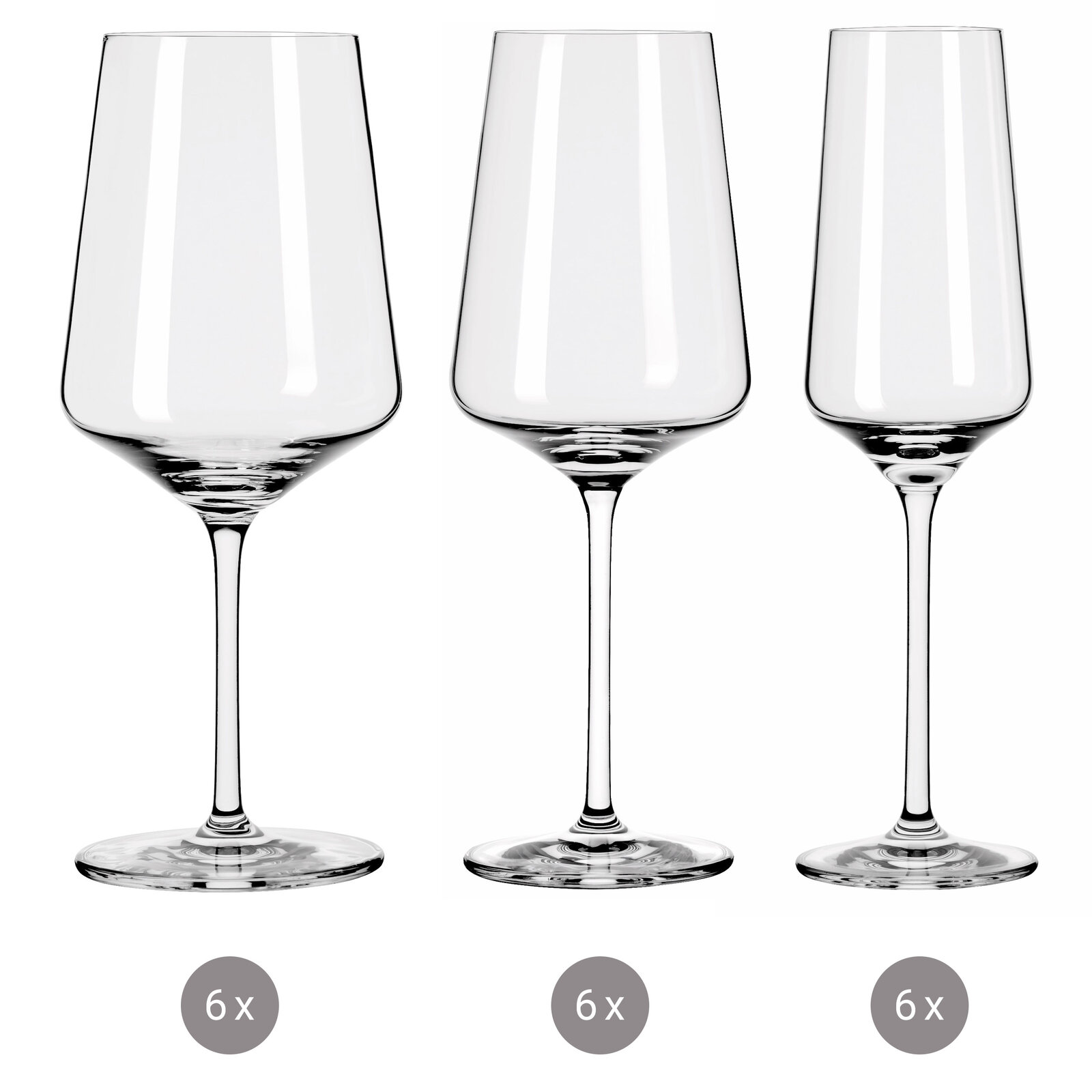 Drei verschiedene Kelchgläser in einer frontalen Ansicht, jeweils in einem Set von 6 Stück.