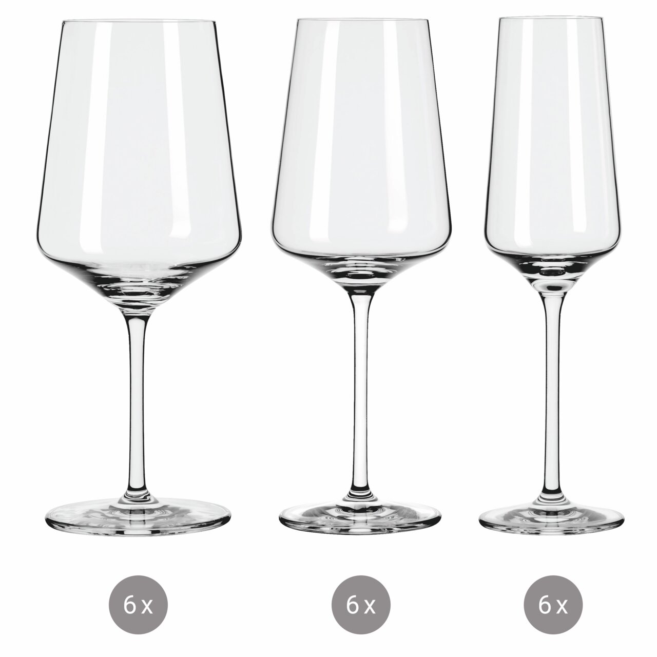 Ritzenhoff Kelchglasset 18-tlg. LICHTWEISS Drei verschiedene Kelchgläser in einer frontalen Ansicht, jeweils in einem Set von 6 Stück.