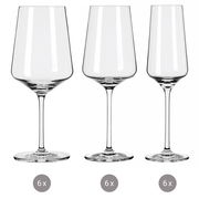 Drei verschiedene Kelchgläser in einer frontalen Ansicht, jeweils in einem Set von 6 Stück.