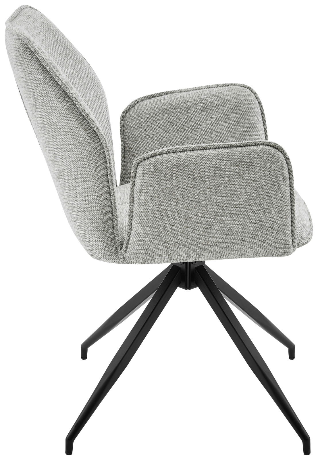 Grauer Armlehnstuhl mit Stoffbezug und schwarzem Metallgestell, Seitenansicht