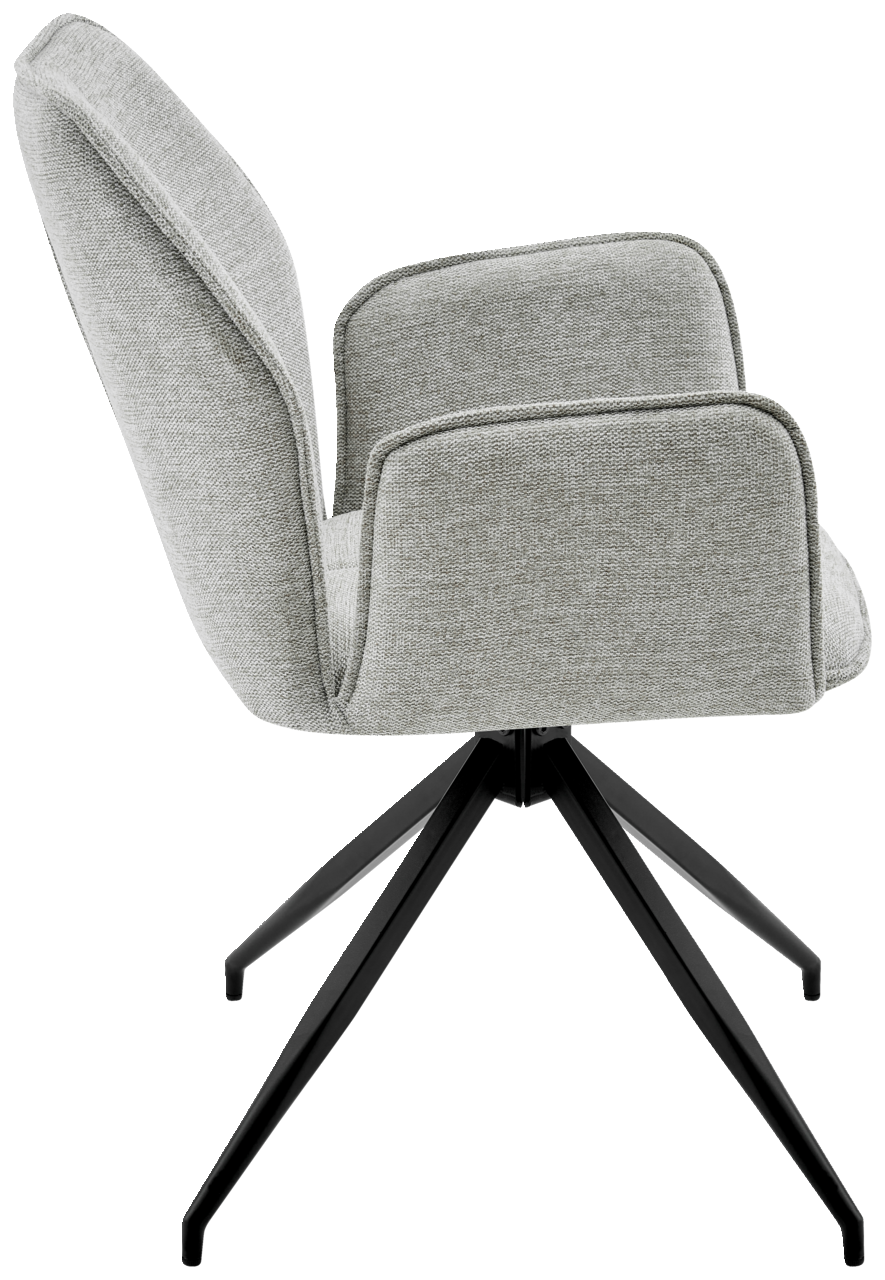 Grauer Armlehnstuhl mit Stoffbezug und schwarzem Metallgestell, Seitenansicht