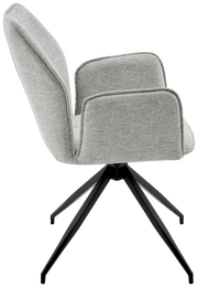 Grauer Armlehnstuhl mit Stoffbezug und schwarzem Metallgestell, Seitenansicht