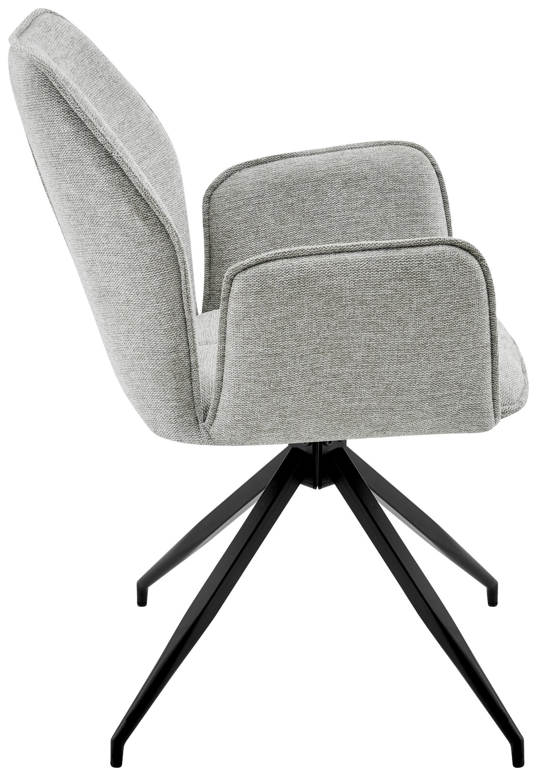 Grauer Armlehnstuhl mit Stoffbezug und schwarzem Metallgestell, Seitenansicht