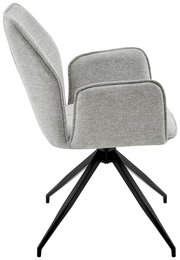 Grauer Armlehnstuhl mit Stoffbezug und schwarzem Metallgestell, Seitenansicht