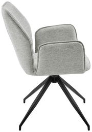 Grauer Armlehnstuhl mit Stoffbezug und schwarzem Metallgestell, Seitenansicht