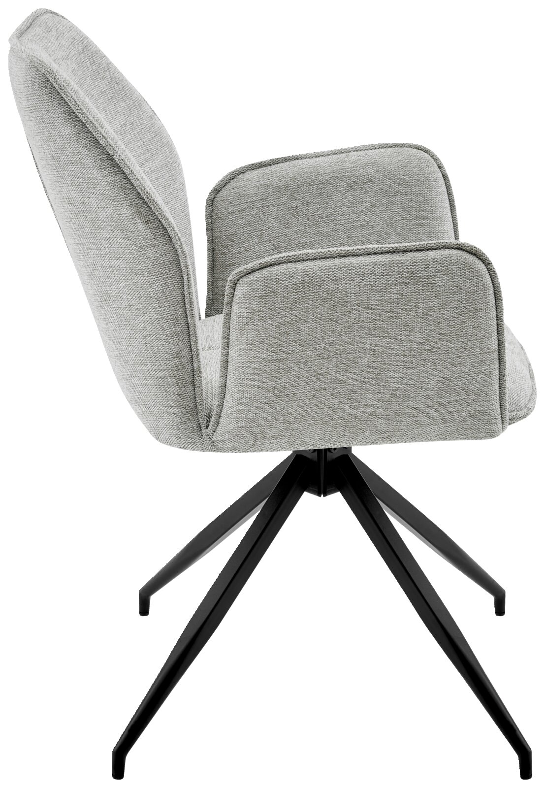 Grijze fauteuil met stoffen bekleding en zwart metalen frame, zijaanzicht