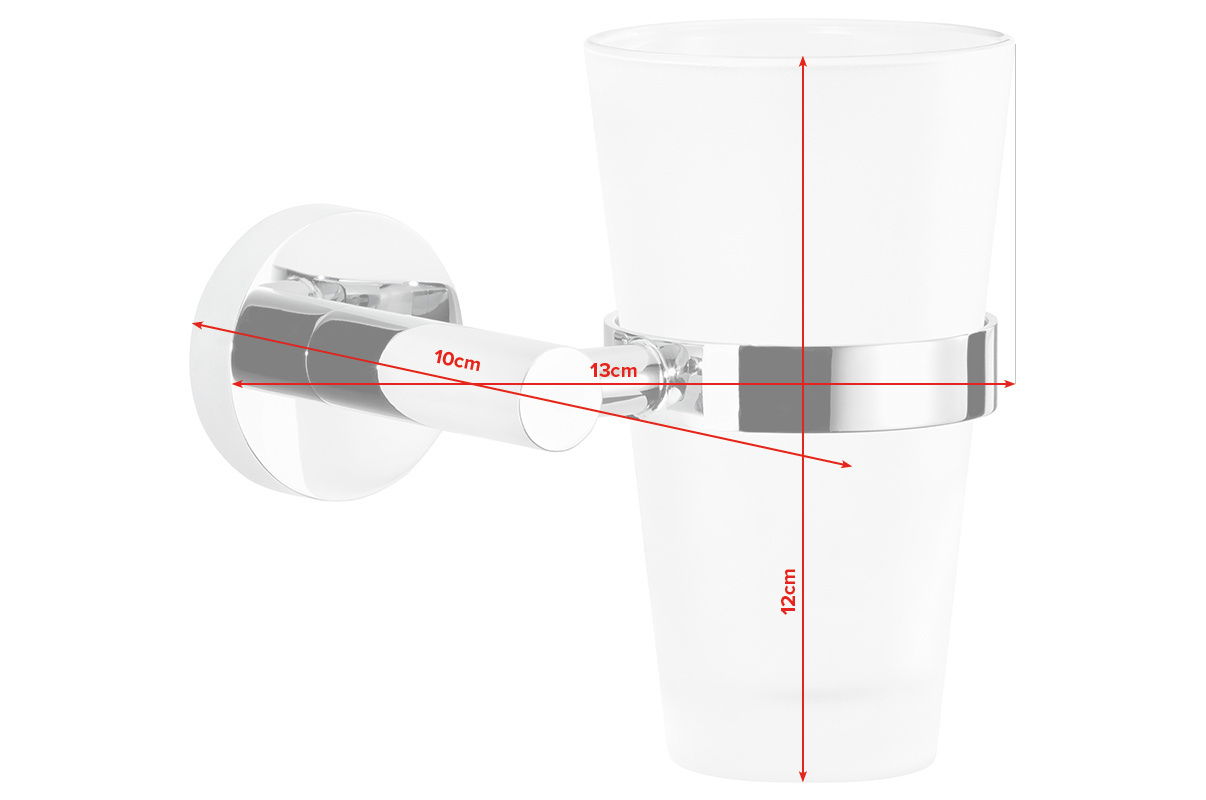 Wandmontierter Mundglashalter aus Metall mit Glas, seitliche Perspektive, Maße: 10 cm Tiefe, 13 cm Breite, 12 cm Höhe.