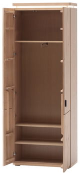 Offener Garderobenschrank aus Holz mit mehreren Regalböden, frontal betrachtet.