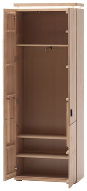 Offener Garderobenschrank aus Holz mit mehreren Regalböden, frontal betrachtet.