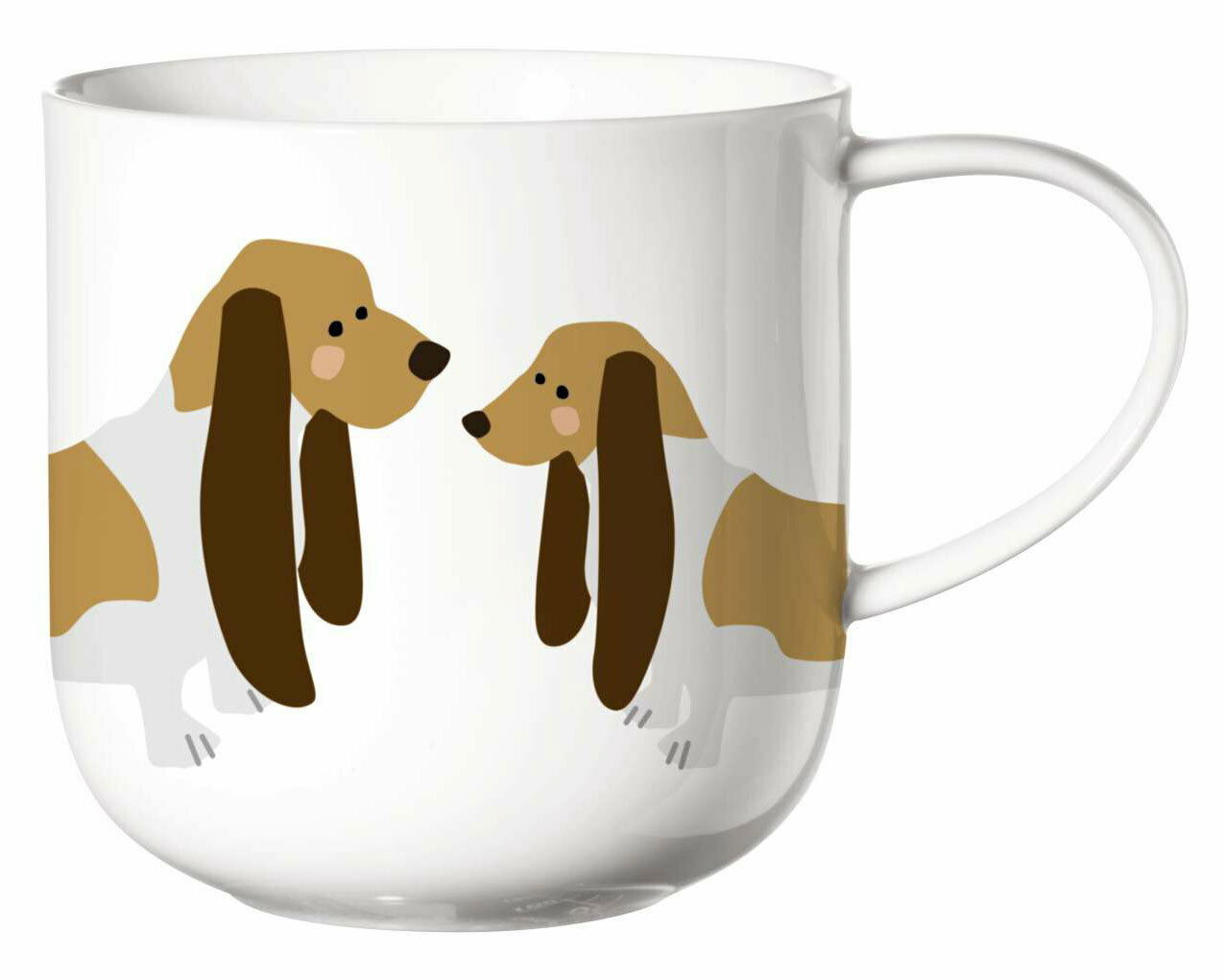 Henkelbecher mit Basset Hound Motiv, seitliche Ansicht