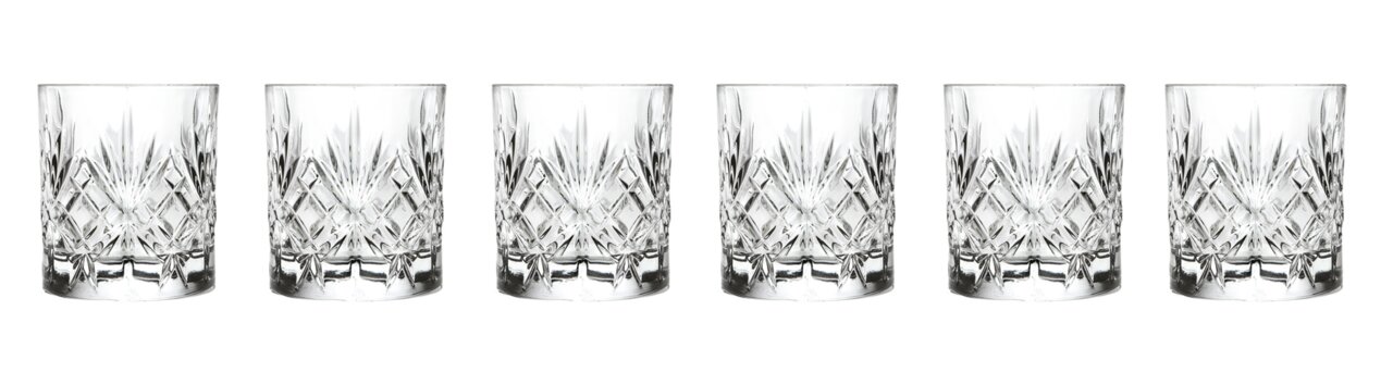 RCR Italia Whiskyglas 6er-Set MELODIA Sechs Whiskygläser mit Kristallschliff, frontal fotografiert.
