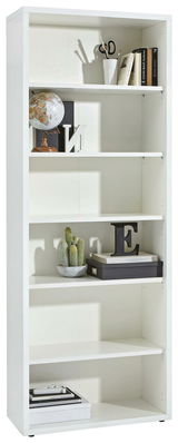 Weißes Regal mit mehreren Fächern, dekoriert mit Büchern, einer Weltkugel, einem Kaktus und anderen Accessoires, frontal betrachtet.