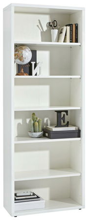 Weißes Regal mit mehreren Fächern, dekoriert mit Büchern, einer Weltkugel, einem Kaktus und anderen Accessoires, frontal betrachtet.