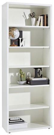 Weißes Regal mit mehreren Fächern, dekoriert mit Büchern, einer Weltkugel, einem Kaktus und anderen Accessoires, frontal betrachtet.