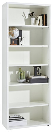 Weißes Regal mit mehreren Fächern, dekoriert mit Büchern, einer Weltkugel, einem Kaktus und anderen Accessoires, frontal betrachtet.