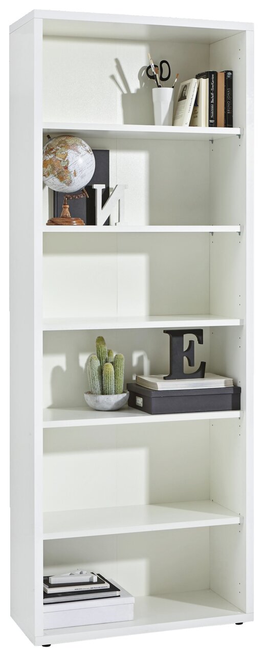 Weißes Regal mit mehreren Fächern, dekoriert mit Büchern, einer Weltkugel, einem Kaktus und anderen Accessoires, frontal betrachtet.