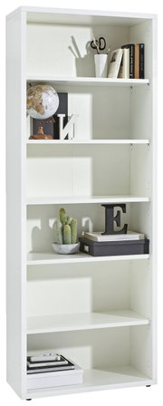 Witte boekenkast met meerdere vakken, versierd met boeken, een wereldbol, een cactus en andere accessoires, gezien vanaf de voorkant.