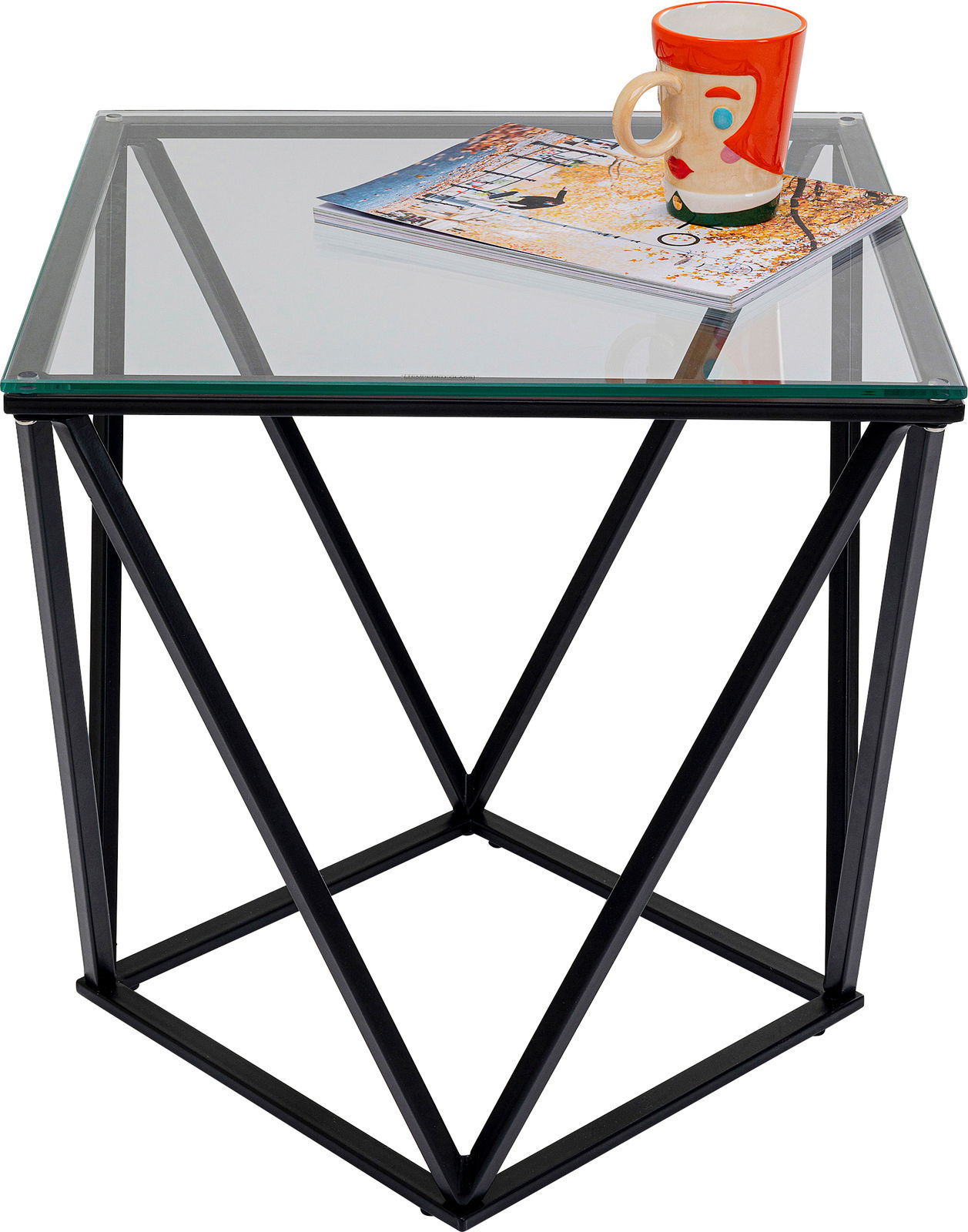 Moderner Beistelltisch mit Glasplatte und geometrischem Metallgestell, seitliche Perspektive