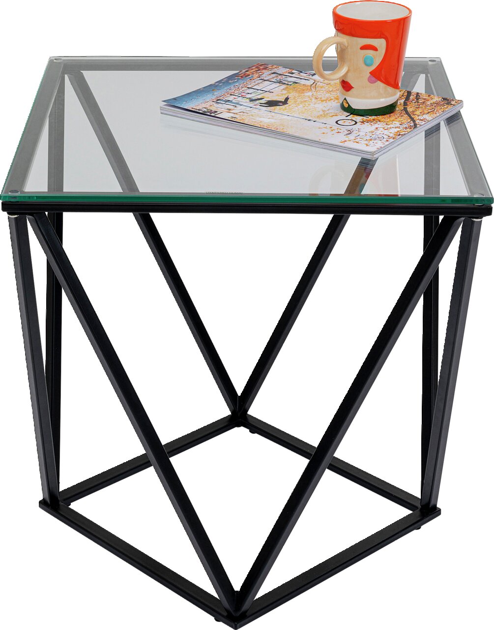 Moderner Beistelltisch mit Glasplatte und geometrischem Metallgestell, seitliche Perspektive