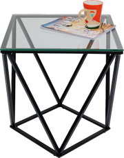 Moderner Beistelltisch mit Glasplatte und geometrischem Metallgestell, seitliche Perspektive