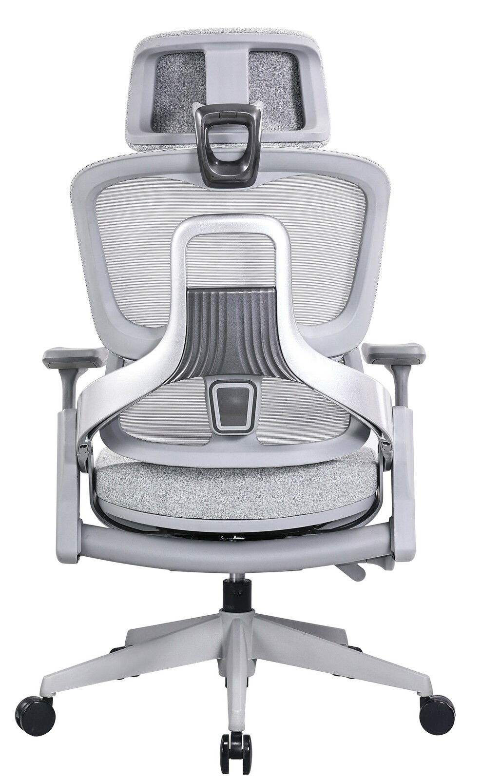 Rückansicht eines modernen grauen Drehstuhls mit ergonomischer Rückenlehne und Kopfstütze.