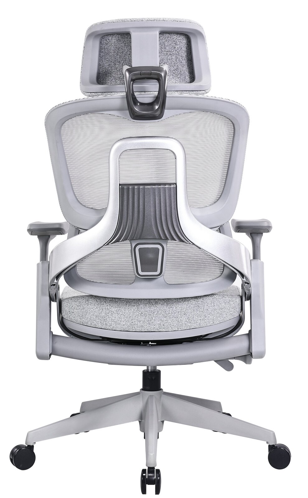 Rückansicht eines modernen grauen Drehstuhls mit ergonomischer Rückenlehne und Kopfstütze.