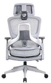 Rückansicht eines modernen grauen Drehstuhls mit ergonomischer Rückenlehne und Kopfstütze.