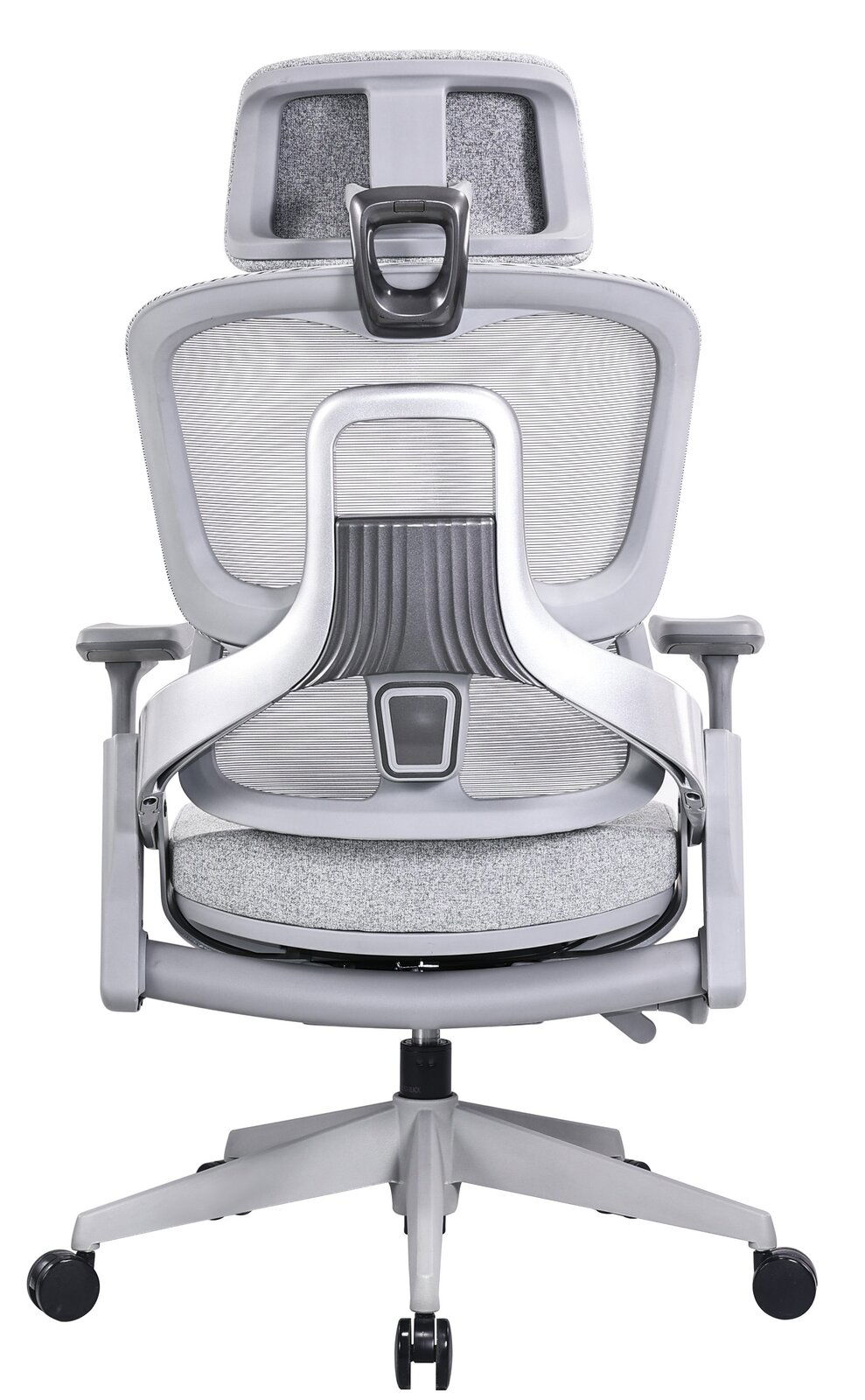 Rückansicht eines modernen grauen Drehstuhls mit ergonomischer Rückenlehne und Kopfstütze.