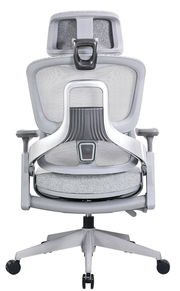 Rückansicht eines modernen grauen Drehstuhls mit ergonomischer Rückenlehne und Kopfstütze.