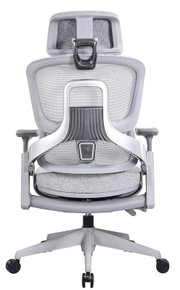 Rückansicht eines modernen grauen Drehstuhls mit ergonomischer Rückenlehne und Kopfstütze.