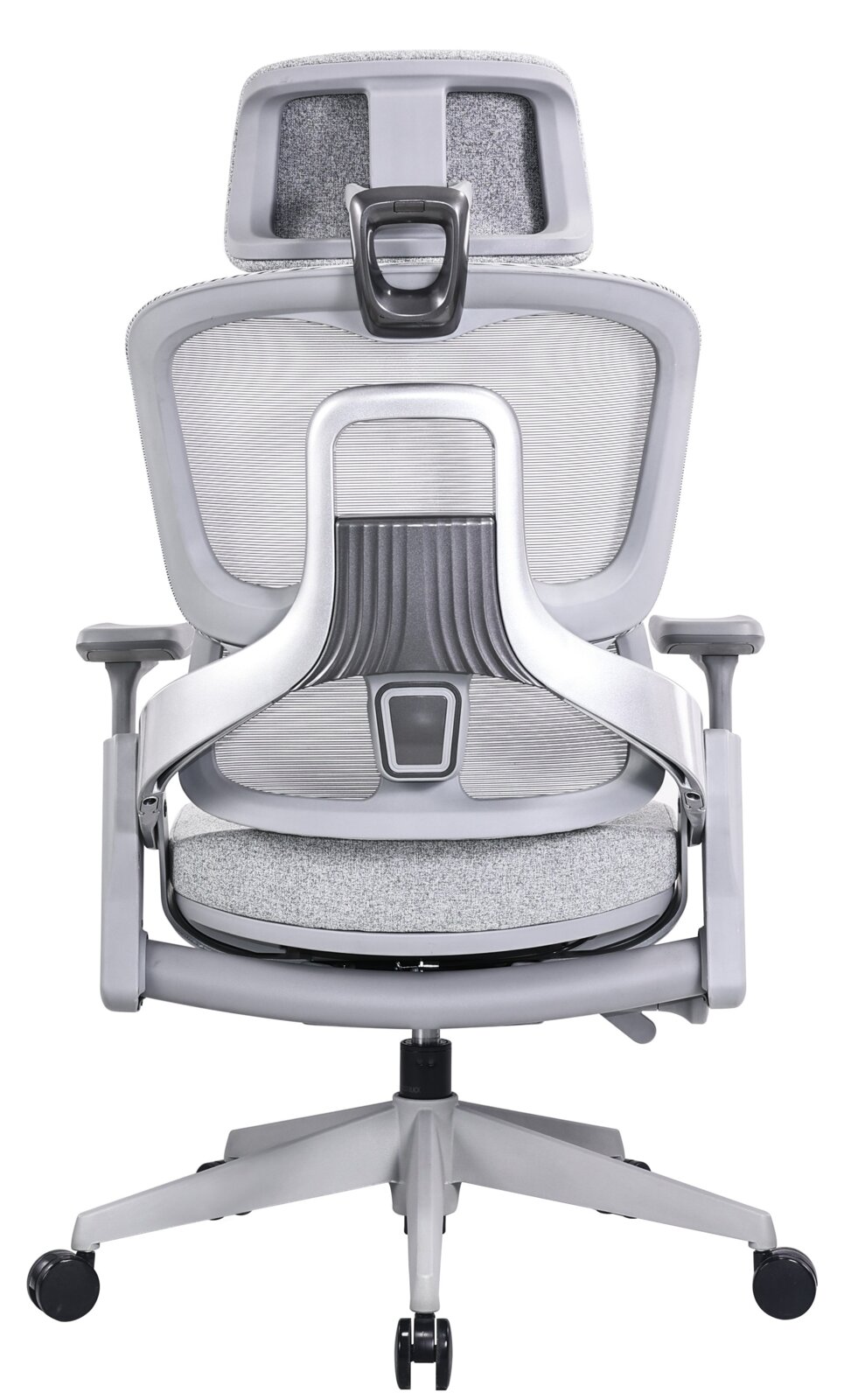 Rückansicht eines modernen grauen Drehstuhls mit ergonomischer Rückenlehne und Kopfstütze.