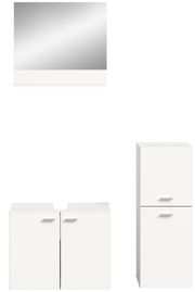 Frontansicht der Badkombination BOSTON mit Spiegel, Waschbeckenunterschrank und Hochschrank in modernem, weißem Design.
