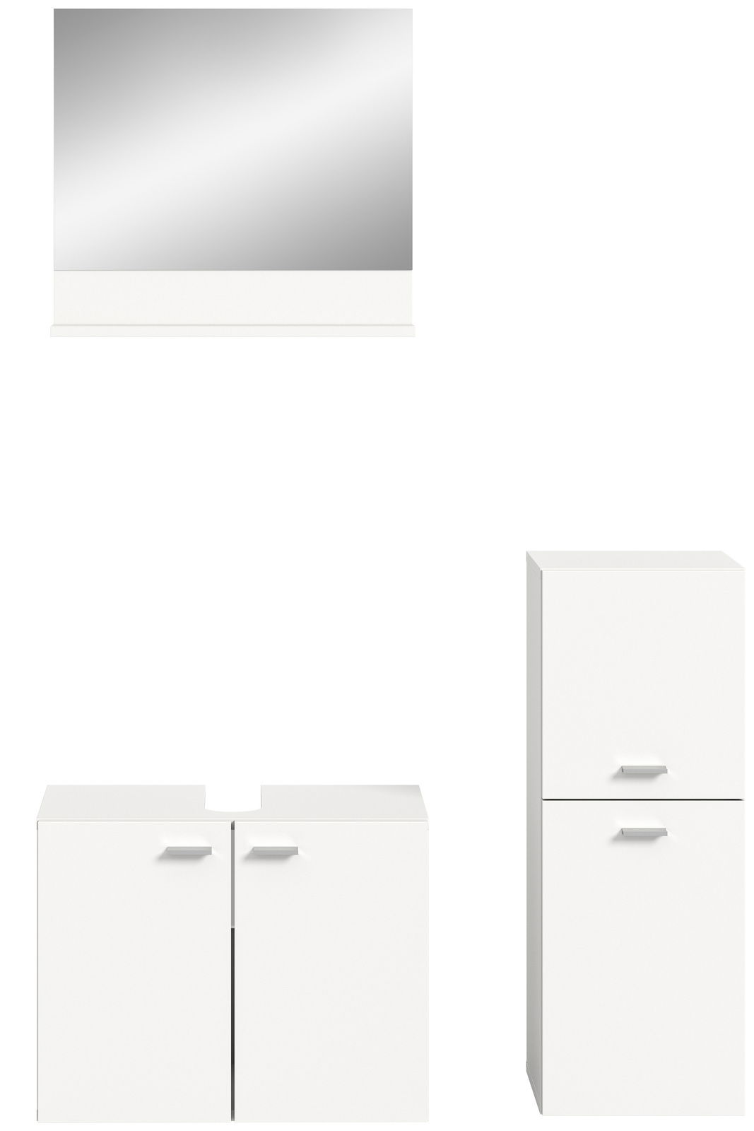 Frontansicht der Badkombination BOSTON mit Spiegel, Waschbeckenunterschrank und Hochschrank in modernem, weißem Design.
