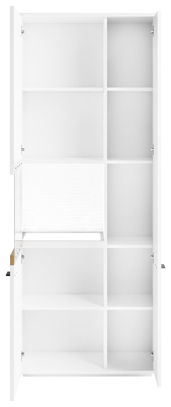 Weiße Vitrine mit Glasausschnitt links, frontal betrachtet, mit mehreren Fächern zur Aufbewahrung.