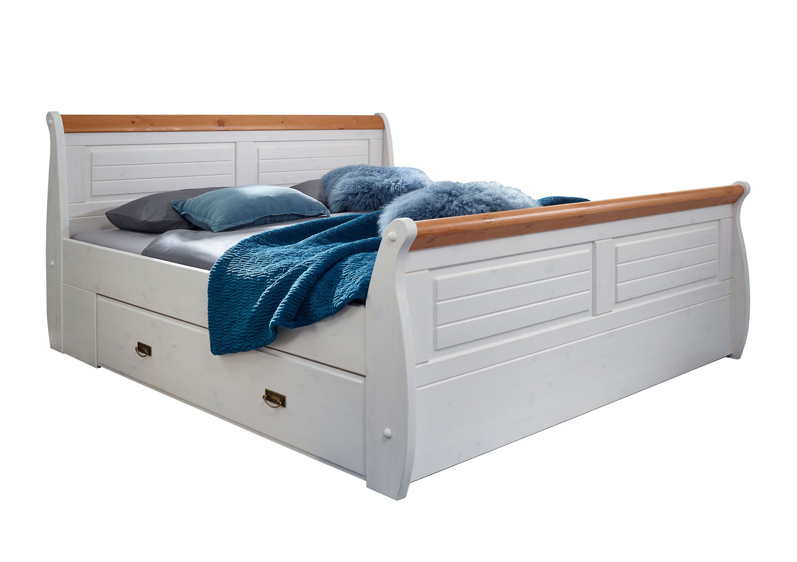 Landscape Bett VENEZIA Weißes Holzbett mit Stauraum und blauen Kissen, seitliche Perspektive