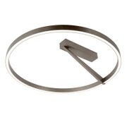 Moderne runde LED-Deckenleuchte mit ringförmigem Lichtband und rechteckiger Deckenhalterung in gebürstetem Anthrazit, schräg von unten fotografiert