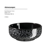 Schwarze Keramikschale mit gesprenkelter, glänzender Außenglasur (Ø 15 cm, Höhe 6 cm, 680 ml), freigestellt vor weißem Hintergrund, Frontansicht leicht von oben