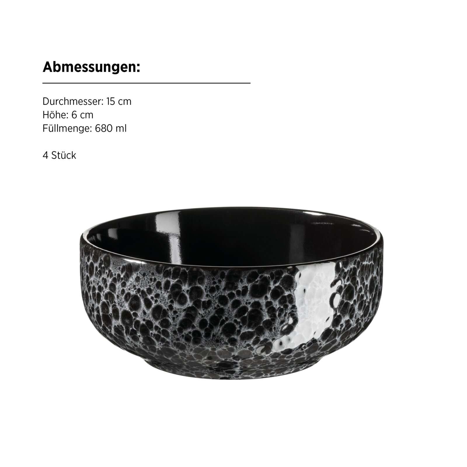 Schwarze Keramikschale mit gesprenkelter, glänzender Außenglasur (Ø 15 cm, Höhe 6 cm, 680 ml), freigestellt vor weißem Hintergrund, Frontansicht leicht von oben