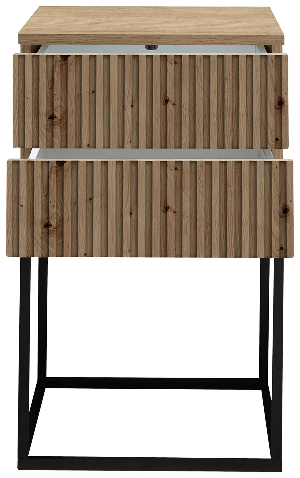 Nachtkommode mit zwei offenen Schubladen aus Holz mit vertikaler Rillenstruktur, auf schwarzem Metallgestell, Frontalansicht.