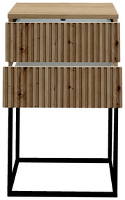 Nachtkommode mit zwei offenen Schubladen aus Holz mit vertikaler Rillenstruktur, auf schwarzem Metallgestell, Frontalansicht.