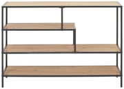 Modernes Regal mit vier Ebenen aus Holz und Metallrahmen, frontal betrachtet.