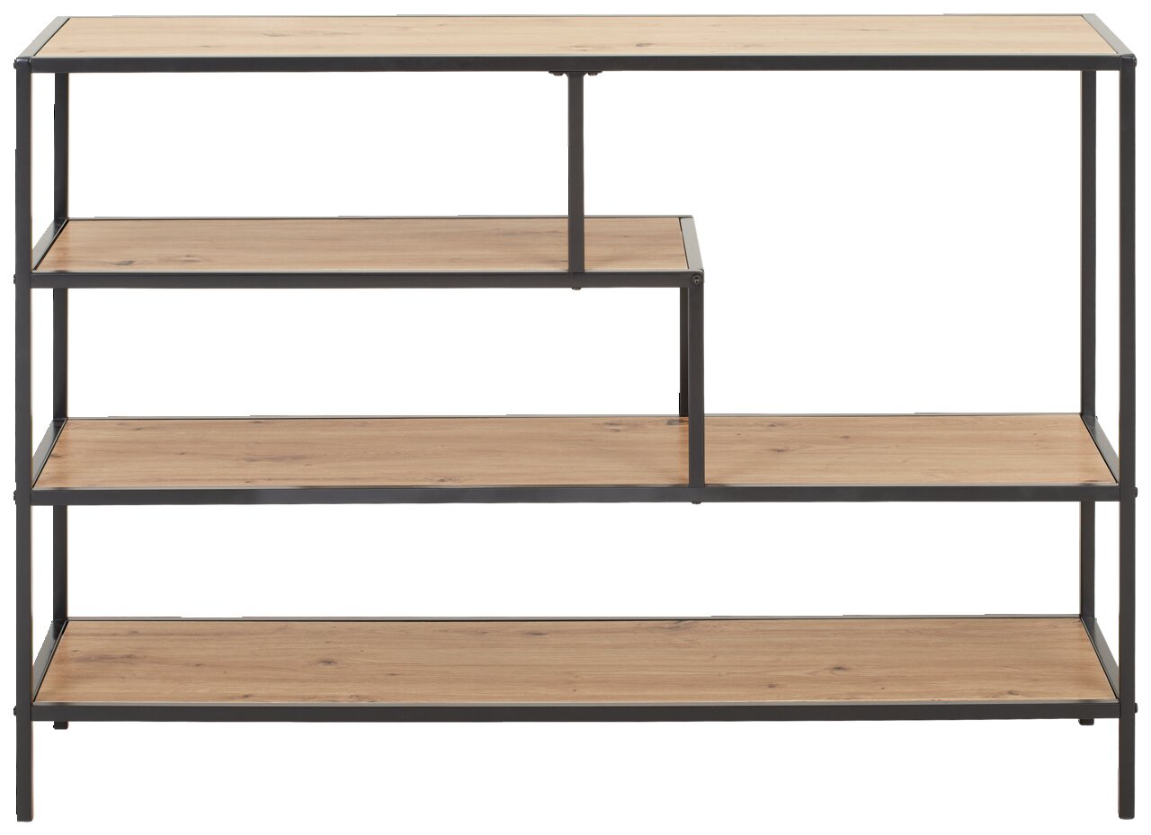 Modernes Regal mit vier Ebenen aus Holz und Metallrahmen, frontal betrachtet.