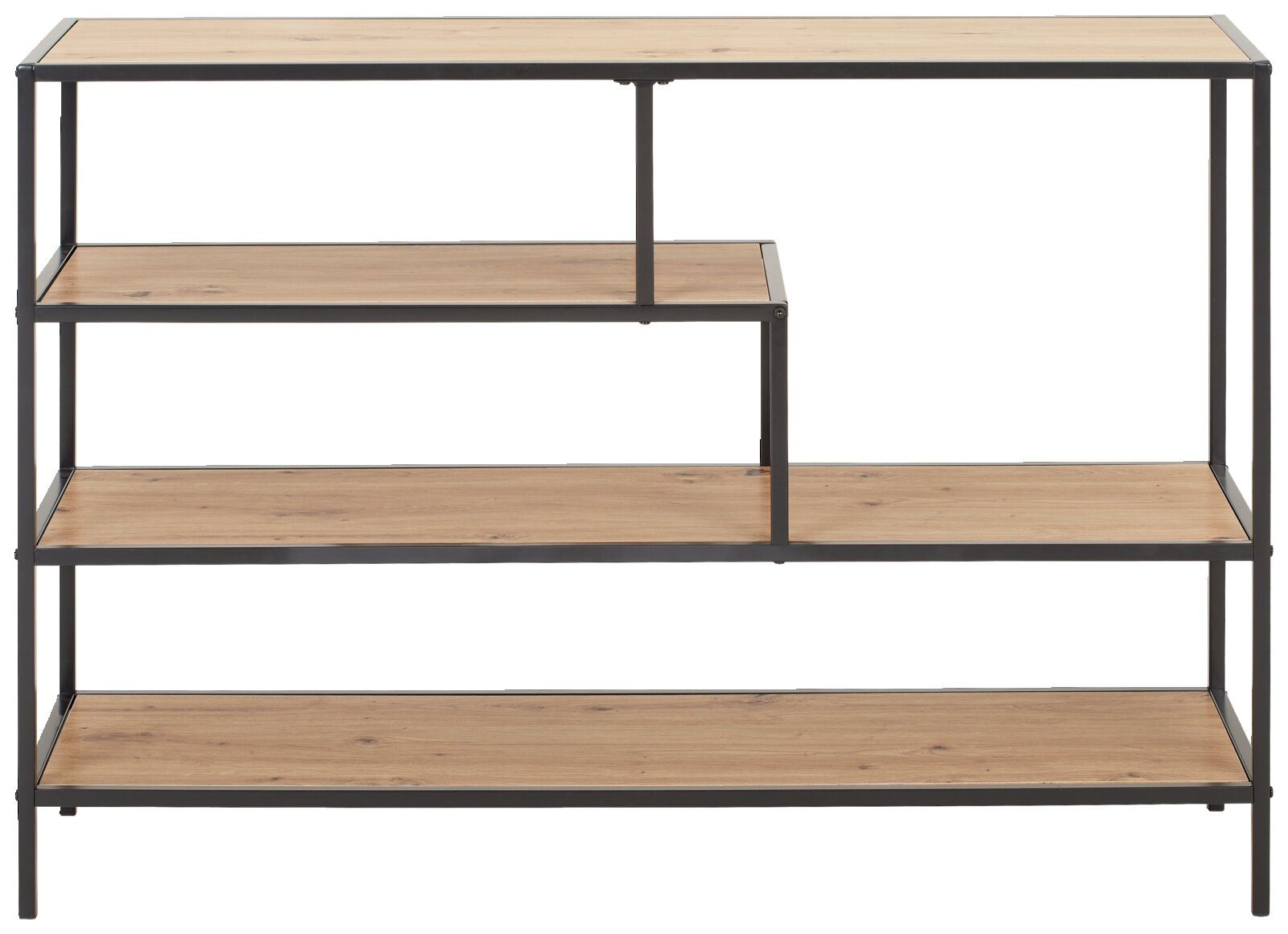 Moderne plank met vier niveaus van hout en een metalen frame, gezien vanaf de voorkant.