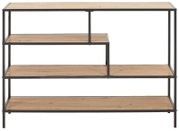 Moderne plank met vier niveaus van hout en een metalen frame, gezien vanaf de voorkant.